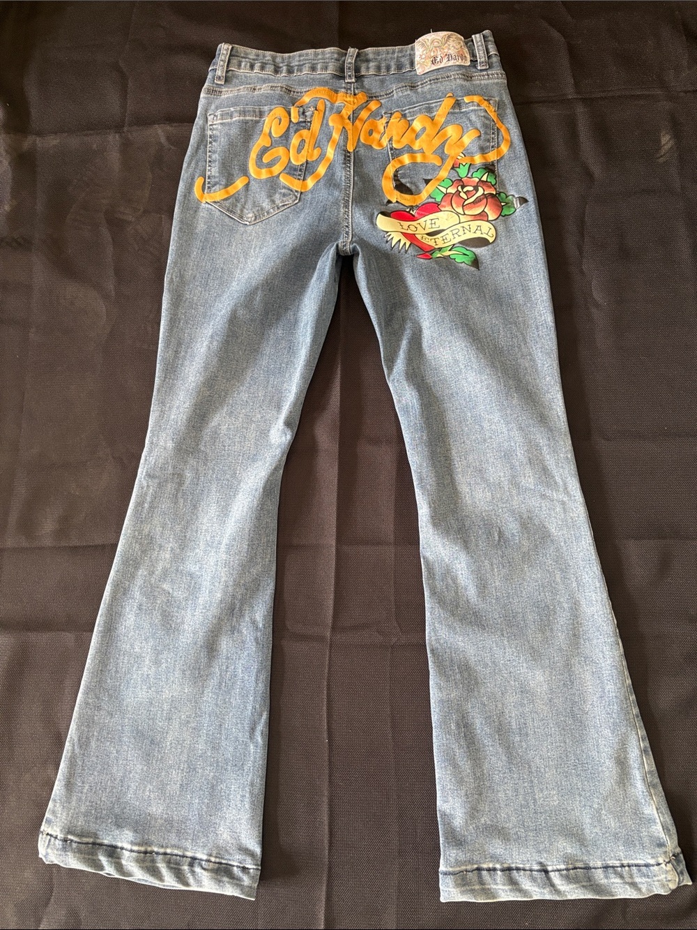 Ed Hardy Light Blue Denim Flare Jeans with Yellow Script and Multicolor Rose